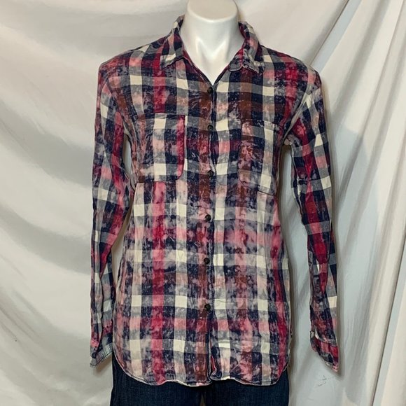 Vanilla Star Bleach Distressed Plaid Button Down S - Picture 1 of 12